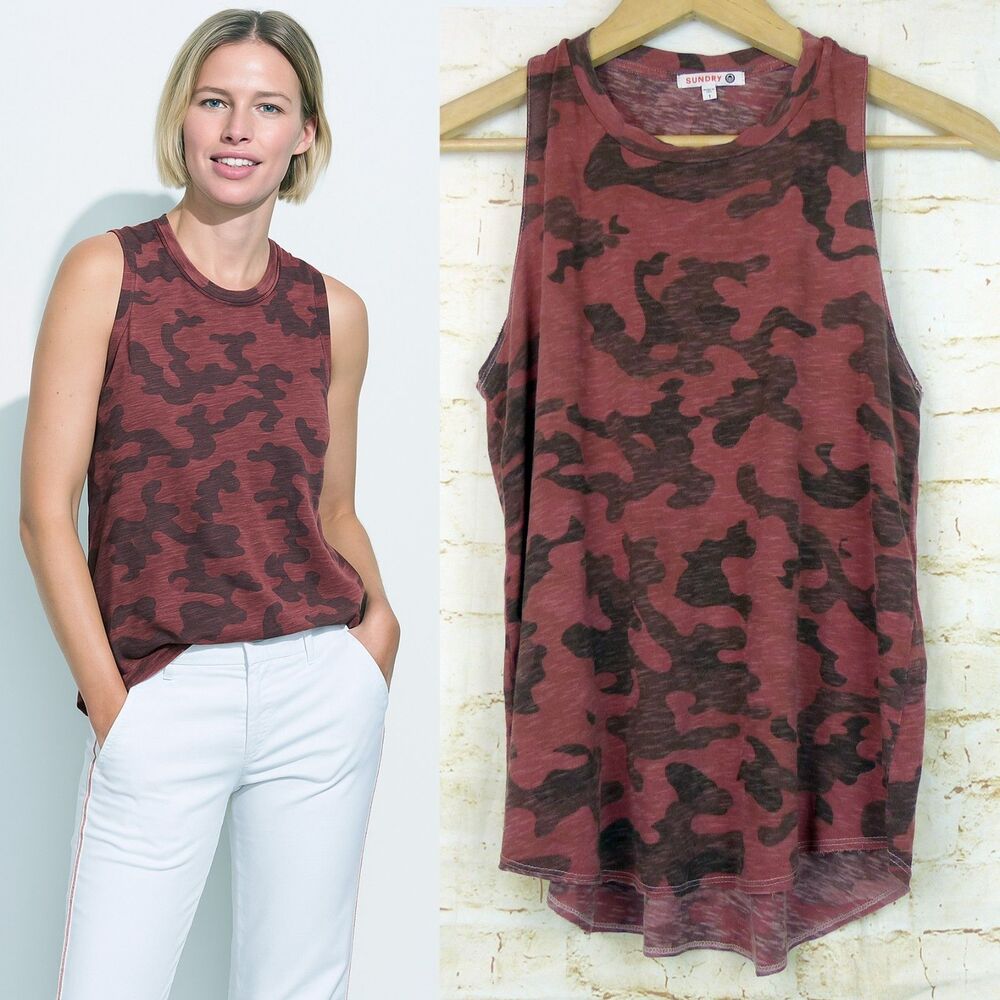 Sundry Tank Top Women 1 S Red Camo Print Racerback Slub Cotton Raw Hem USA Rock